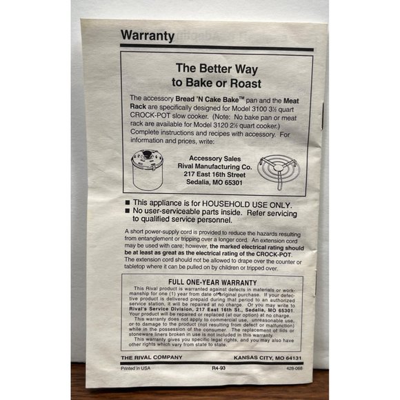 Vintage Rival Crock Pot INSTRUCTION MANUAL ONLY for Model 3100 3120 with Recipes - Picture 2 of 5
